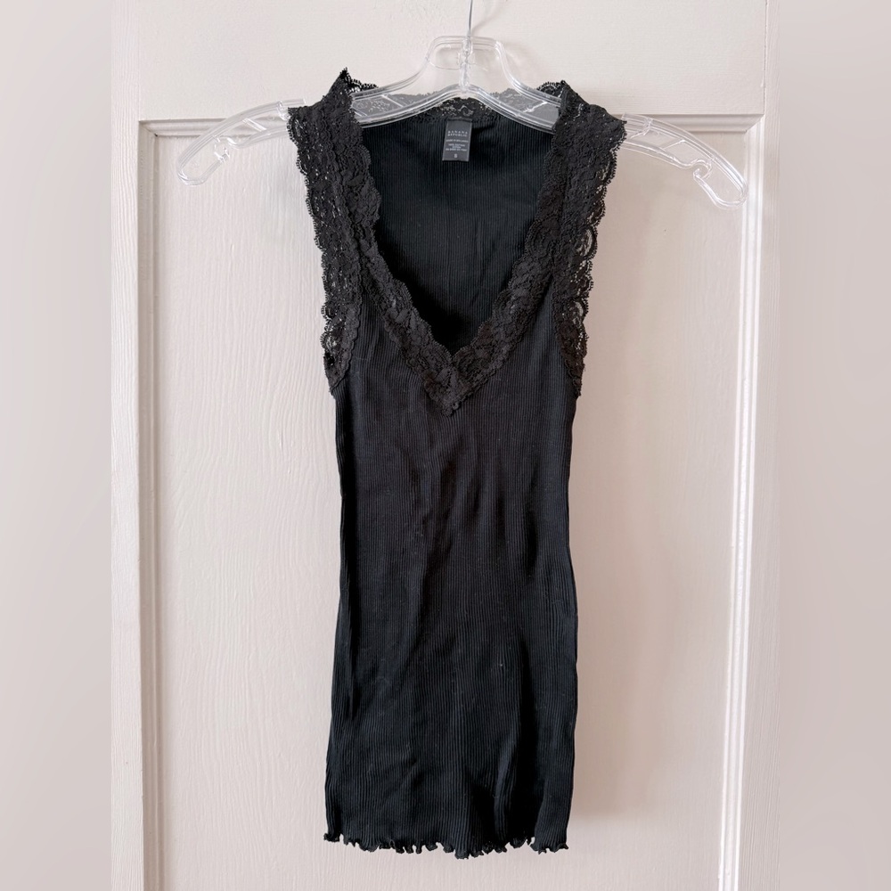 Banana Republic | Black 100% Cotton Ribbed Lace V-Neck Tank - Size S